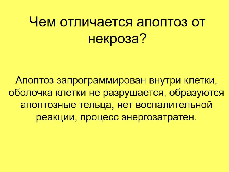 Чем отличается апоптоз от некроза? Апоптоз запрограммирован внутри клетки, оболочка клетки не разрушается, образуются